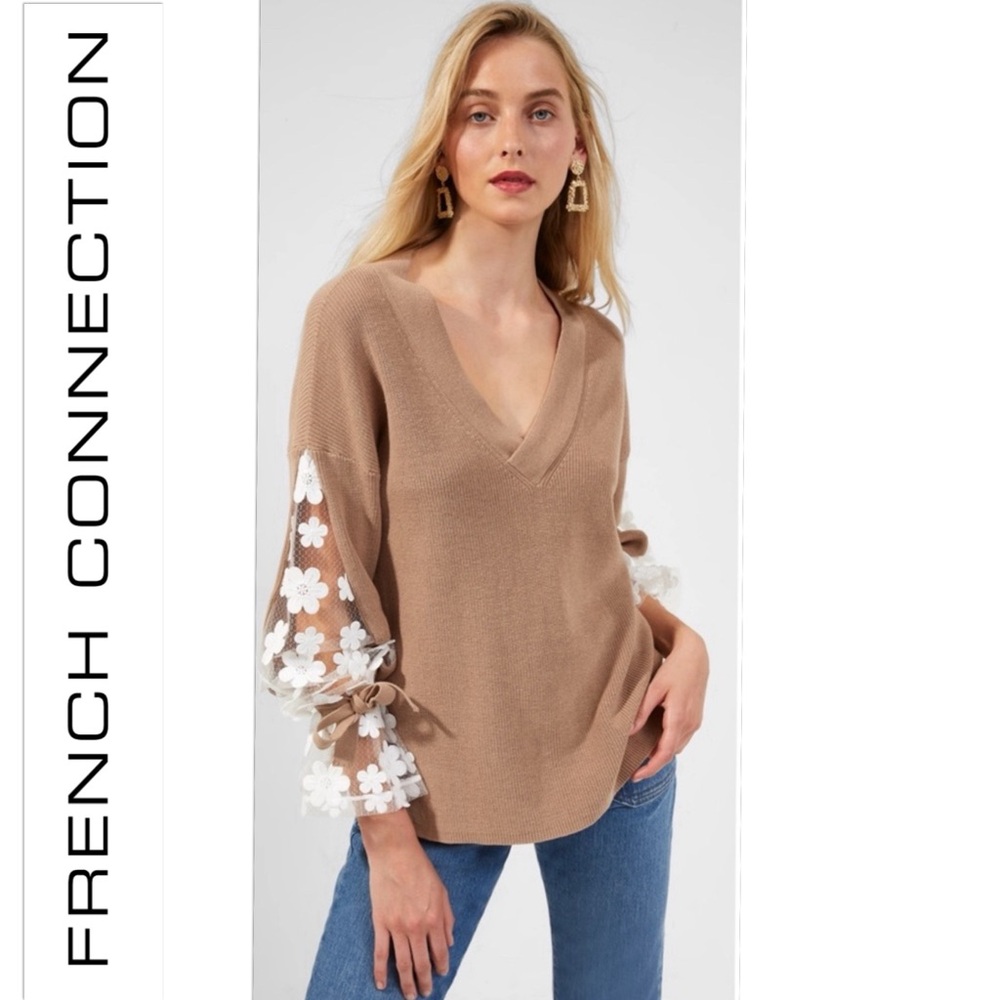 NWT FRENCH CONNECTION Caballo Sweater Camel / White M Knit Floral Lace Sleeves